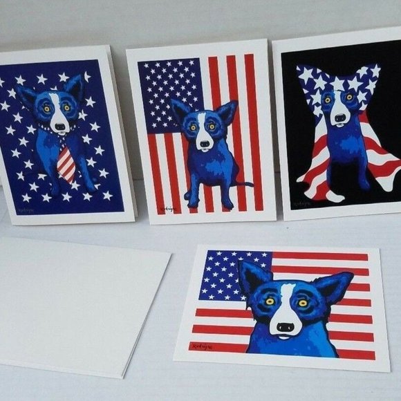 Folk Pop Dog Art American Patriotic George Rodrigue New Cards USA Red White Blue - Picture 2 of 14